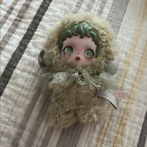 Skullpanda Green-Haired Plush Art Doll in Fuzzy Cream Outfit
